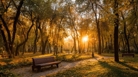 A tranquil autumn morning scene in a park, featuring golden foliage, soft sunlight streaming through trees, and a single empty park bench inviting reflection and relaxation.の素材