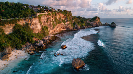 This stunning aerial view showcases a breathtaking coastal landscape featuring majestic cliffs and gentle waves against a serene ocean at sunset. Experience natural beauty.の素材