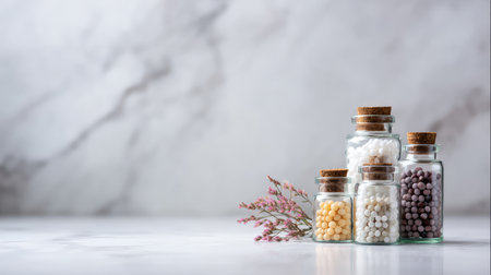 A visually appealing arrangement of colorful jars filled with beads and spices, complemented by delicate flowers, set against a soft marble background ideal for creative projects.の素材