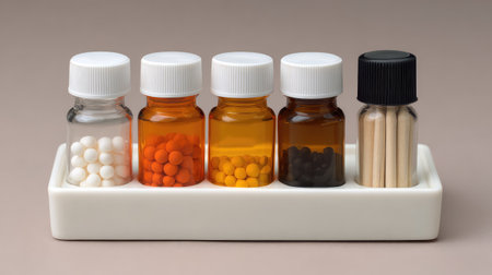 A curated collection of homeopathic remedy vials showcasing an array of colored granules, symbolizing health and wellness in a harmonious and organized tray setting.の素材