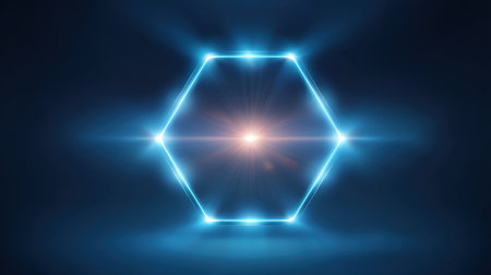 This stunning image showcases a glowing hexagonal frame illuminated by a radiant light burst at its center, perfect for technology themes and modern design needs.の素材