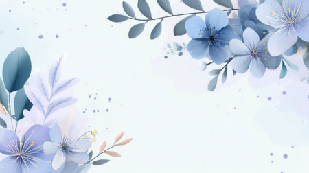 A stunning floral composition featuring various shades of blue flowers and delicate leaves set against a soft pastel background, perfect for creative projects and elegant designs.の素材
