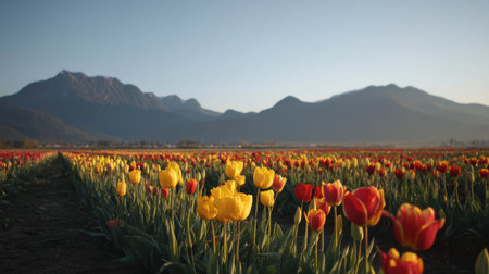 A breathtaking view of a vibrant tulip field with yellow and red flowers, framed by majestic mountains under a clear sky during the golden hour.の素材