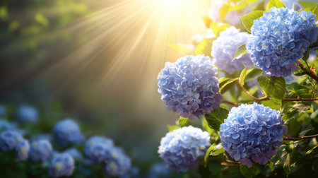 Captivating blue hydrangeas bask in warm sunlight, creating a serene atmosphere. This enchanting garden scene embodies natural beauty and tranquility. Perfect for nature lovers.の素材