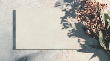 This elegant composition features a blank card surrounded by soft greenery and flowers. The textured background adds depth, making it ideal for minimalist design projects.の素材