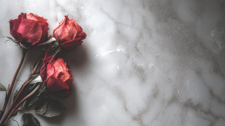 A stunning composition featuring vibrant red roses resting on a smooth light marble surface, ideal for romantic themes, nature projects, or elegant decorations.の素材