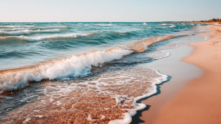 A tranquil beach scene featuring gentle waves rolling onto golden sand. The sun reflects on the clear water, creating a serene atmosphere perfect for relaxation.の素材