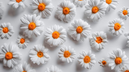 A beautiful arrangement of bright white daisies with orange centers on a clean white background, perfect for representing freshness and natural beauty in floral themes.の素材