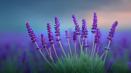 Captivating close-up of lavender flowers with vibrant purple hues against a soft-focused background in an enchanting outdoor setting during dawn.の素材