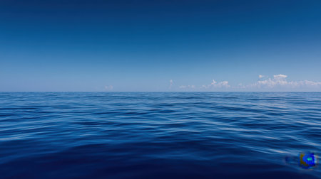 A pristine view of ocean waters stretching to the horizon under a bright blue sky. This image captures the essence of tranquility, making it ideal for relaxation.の素材