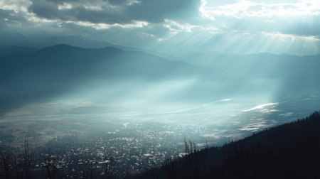 A picturesque view of a valley village surrounded by majestic mountains, with soft sunlight filtering through dramatic clouds, creating a serene and atmospheric scene.の素材