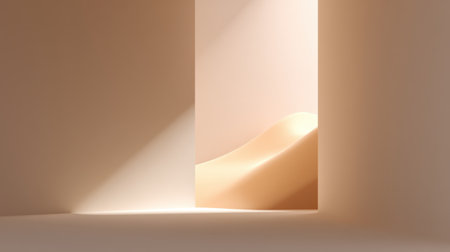 This minimalist interior scene features a softly lit doorway showcasing gentle sand dunes, creating a serene and tranquil atmosphere ideal for artistic inspiration.の素材