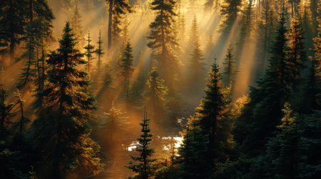 A stunning forest scene captured during the golden hour, showcasing vibrant trees bathed in warm sunlight, radiating a peaceful ambiance perfect for nature lovers.の素材