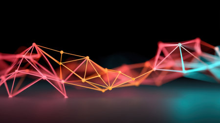 Explore a captivating abstract geometric design featuring colorful connecting lines and nodes on a dark background, evoking themes of technology and innovation.の素材