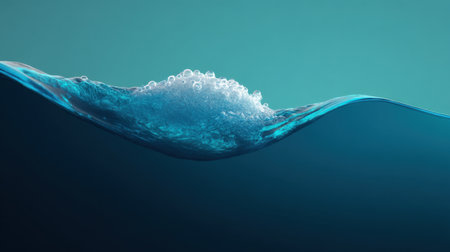 Tranquil image of a stunning ocean wave featuring bubbles and foam against a serene blue backdrop, evoking feelings of peace and natural beauty in water.の素材