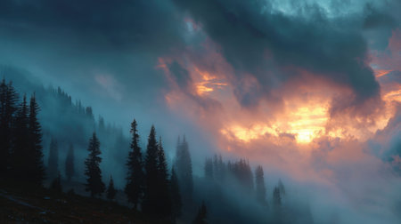A breathtaking view of a sunset behind fog-enveloped trees, showcasing a vibrant sky filled with dramatic clouds. Perfect for nature and landscape photography enthusiasts.の素材