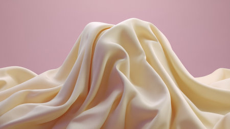 An artful arrangement of softly flowing fabric creates elegant curves and textures. The pastel pink background enhances the delicate nature of the material, making it ideal for visual aesthetics.の素材