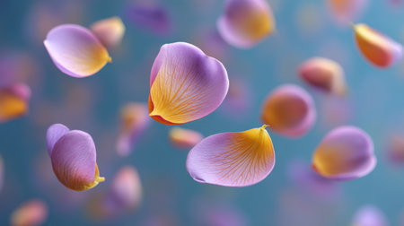 A breathtaking collection of floating flower petals, showcasing their vibrant colors and delicate textures against a soft blue backdrop, creating a serene atmosphere.の素材