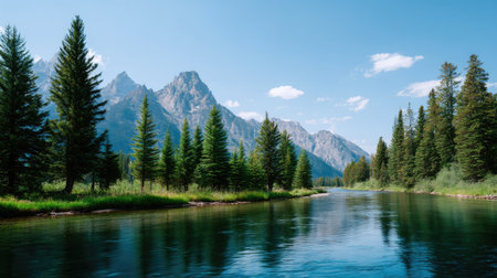 This stunning landscape showcases a clear blue river nestled among majestic mountains and lush green pine trees under a bright sky, perfect for nature lovers.の素材