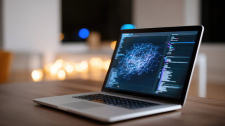 A sleek modern laptop showcases a detailed digital network visualization, emphasizing technology and innovation in a cozy workspace with soft lighting.の素材