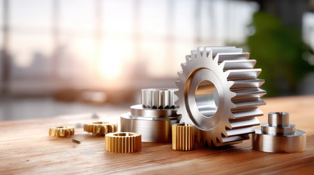 A collection of metallic gears and mechanical components arranged on a wooden table, with a blurred cityscape and warm sunset lighting in the background.の素材