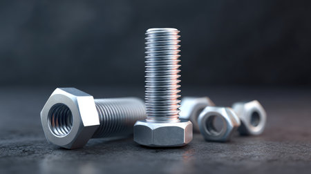 This image showcases high-quality metal fasteners, including bolts and nuts, resting on a textured surface, ideal for illustrating industrial themes, engineering processes, and mechanical applications.の素材