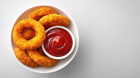 Enjoy a beautiful arrangement of crispy fried onion rings paired with a small bowl of ketchup, perfect for culinary presentations and food photography.の素材
