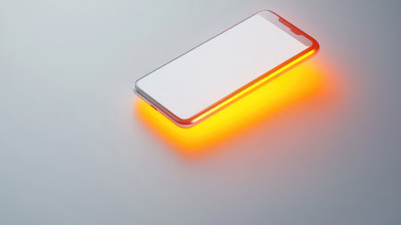 Mobile phone with glowing social media notifications on screen, placed on white background with minimalist compositionの素材