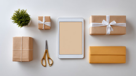 A stylish flat lay featuring wrapped gifts, a smartphone, scissors, and a potted plant, perfect for inspiration in creative and festive preparations.の素材