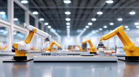 This image features advanced industrial robots working diligently on an assembly line within a modern manufacturing facility. The scene captures the efficiency and precision of robotic automation in a productive environment.の素材
