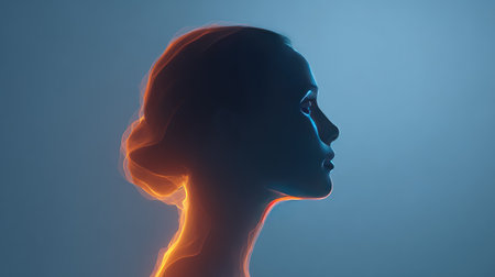 A stunning silhouette of a woman illuminated by a glowing neon effect against a smooth blue backdrop, creating a tranquil and surreal visual experience perfect for artistic projects.の素材