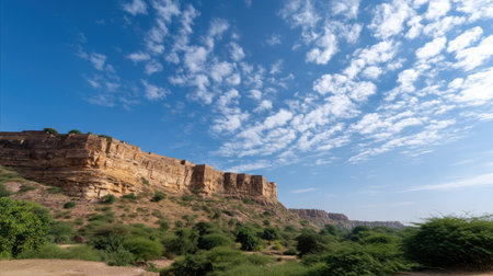 A breathtaking view of a majestic rocky cliff adorned with lush green vegetation under a bright blue sky scattered with fluffy clouds.の素材