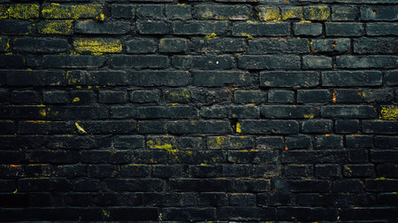 A captivating image of a black brick wall with green moss highlights, perfect for use in urban-themed designs, art projects, or as a textured background for creative work.の素材