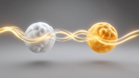 This striking digital illustration depicts two molecules in dynamic interaction, enhanced by a flowing light wave across a soft gradient background.の素材