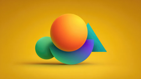 Vibrant abstract composition of colorful geometric shapes, including spheres and triangles, perfect for modern art projects and creative designs.の素材