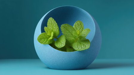 This image features fresh green mint leaves in a unique textured blue pot, set against a soft blue background, perfect for home decor, wellness, and culinary themes.の素材