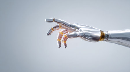 A stunning depiction of a futuristic robotic hand, featuring a sleek metallic finish and intricate details. This image captures the essence of modern technology and design.の素材