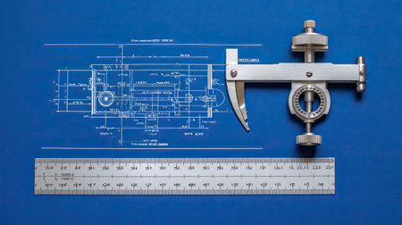 Close-up of a caliper and ruler on a detailed engineering blueprint, illustrating precision in measurements for design and technical projects.の素材