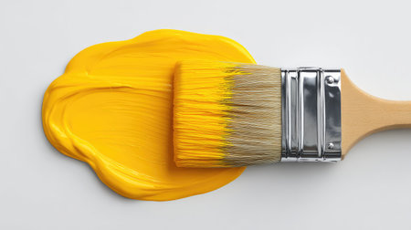 Bright yellow paint drips beside a brush on a smooth surface, perfect for art, home decor, or renovation projects that brighten any space with vibrant color.の素材