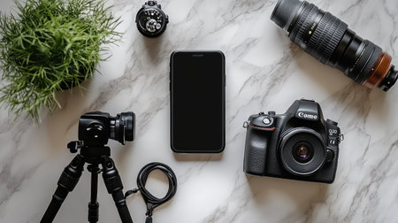 Minimalist mobile photography gear on flat surface tripod, phone, lens, light, tech blogger lifestyle backgroundの素材