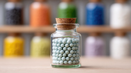 A charming glass jar filled with soft blue beads stands out beautifully against a collection of colorful jars, adding a touch of creativity and elegance to any craft space.の素材