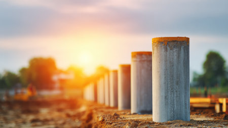 A serene construction site showcases concrete pillars during sunset, highlighting the beauty of modern engineering against a warm, glowing backdrop.の素材