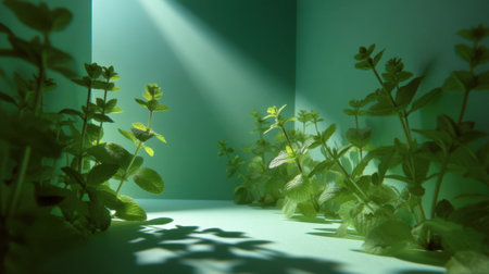 A serene image of a lush green herb garden bathed in soft lighting, creating a calming atmosphere. The vibrant leaves and minimalist background evoke tranquility and growth.の素材