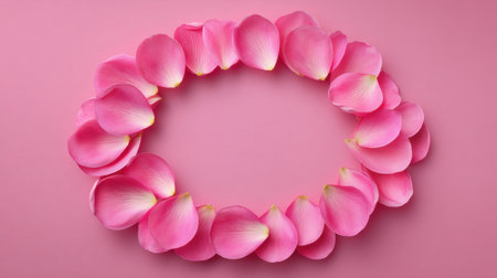 A beautiful arrangement of pink flower petals in a circular frame against a soft pink background, ideal for romantic and elegant design themes. Perfect for various creative projects.の素材