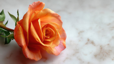 A striking orange rose rests elegantly on a smooth marble surface. This image captures the delicate beauty and vibrant colors, perfect for a variety of artistic projects.の素材