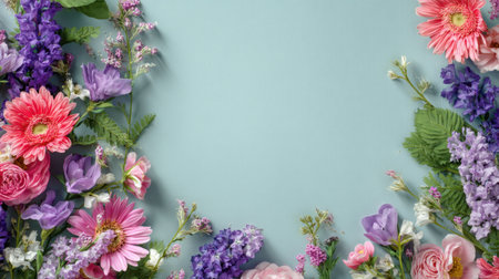 This image showcases a vibrant array of colorful flowers arranged beautifully on a soft blue background, perfect for spring themes, decor projects, and floral designs.の素材