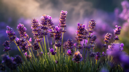A stunning close-up view of vibrant lavender flowers illuminated by soft morning light, creating a serene atmosphere with gentle mist surrounding the blooming plants.の素材