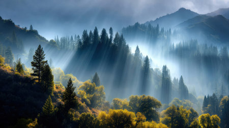 A breathtaking view of a mountainous landscape showcasing mist rolling over lush trees, illuminated by soft rays of sunlight during an enchanting morning.の素材