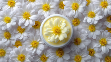A soothing skincare cream with a delicate flower on top, surrounded by fresh white flowers, perfect for conveying beauty, wellness, and serenity in your projects.の素材