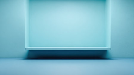 A minimalist empty display shelf set against a soft blue background, perfect for showcasing products or creating artistic presentations in a clean and modern design.の素材